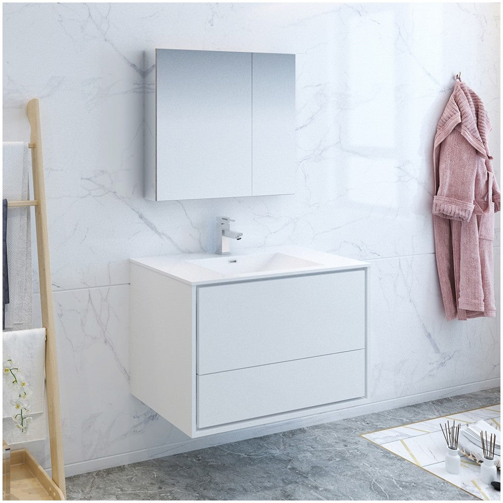 Catania 36" Glossy White Wall Hung Modern Bathroom Vanity w/ Medicine Cabinet