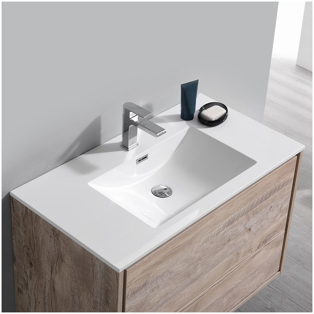 Catania 36 Natural Wood Wall Hung Modern Bathroom Cabinet w/ Integrated Sink