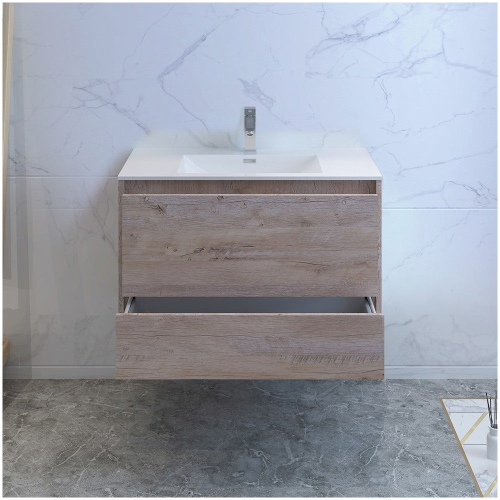 Catania 36 Natural Wood Wall Hung Modern Bathroom Cabinet w/ Integrated Sink