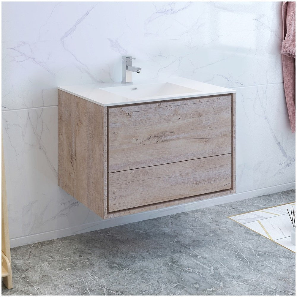 Catania 36 Natural Wood Wall Hung Modern Bathroom Cabinet w/ Integrated Sink