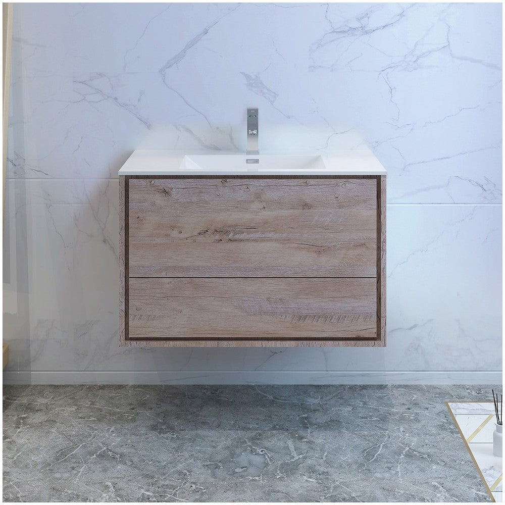 Catania 36 Natural Wood Wall Hung Modern Bathroom Cabinet w/ Integrated Sink