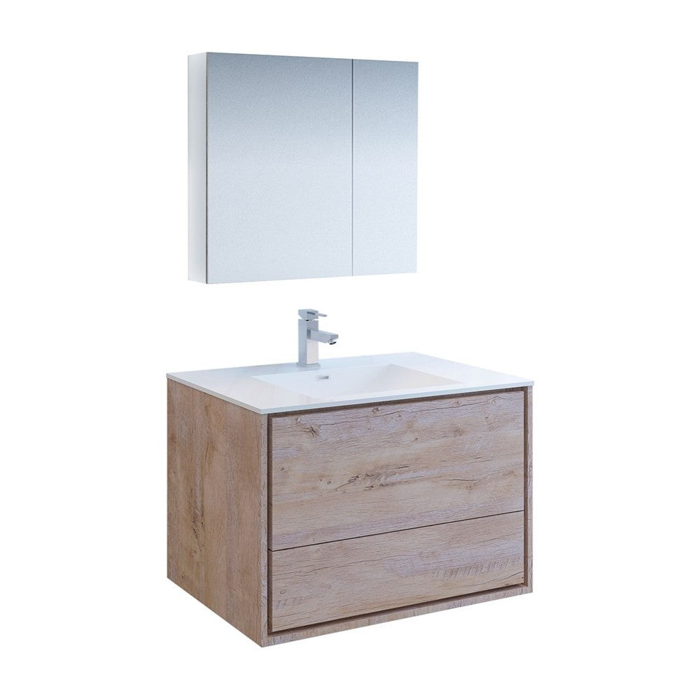 Catania 36 Natural Wood Wall Hung Modern Bathroom Vanity w/ Medicine Cabinet