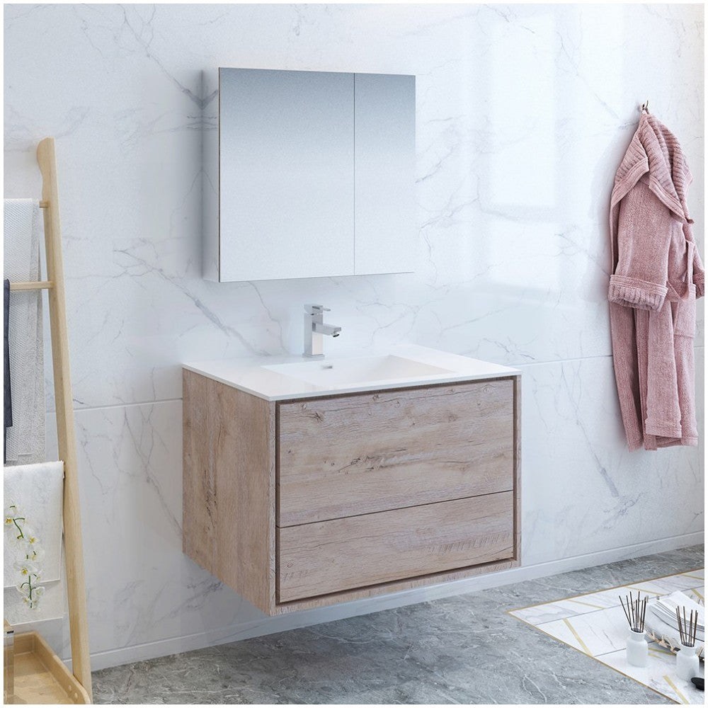 Catania 36 Natural Wood Wall Hung Modern Bathroom Vanity w/ Medicine Cabinet