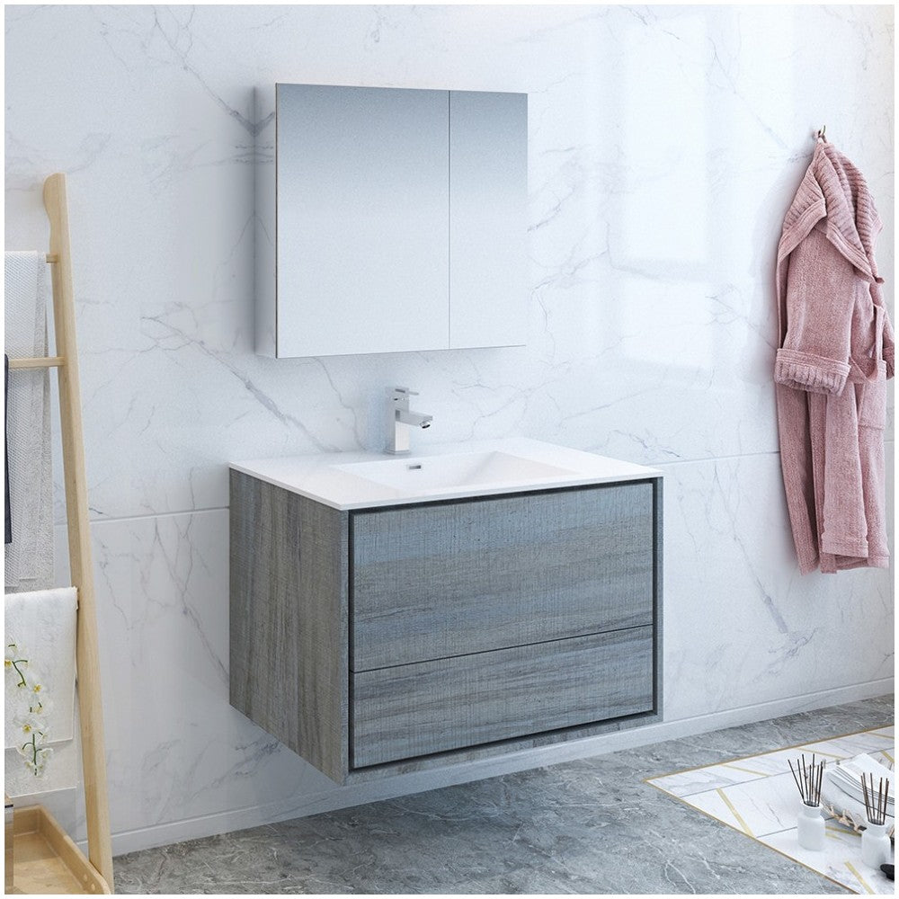 Catania 36" Ocean Gray Wall Hung Modern Bathroom Vanity w/ Medicine Cabinet