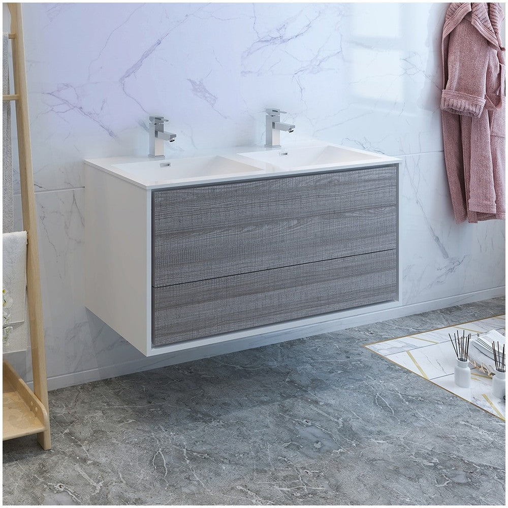 Catania 48 Ash Gray Wall Hung Modern Bathroom Cabinet w/ Integrated Double Sink