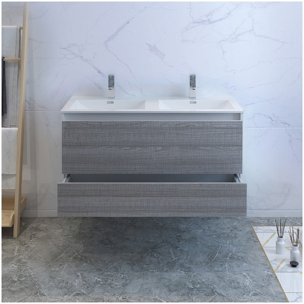 Catania 48 Ash Gray Wall Hung Modern Bathroom Cabinet w/ Integrated Double Sink