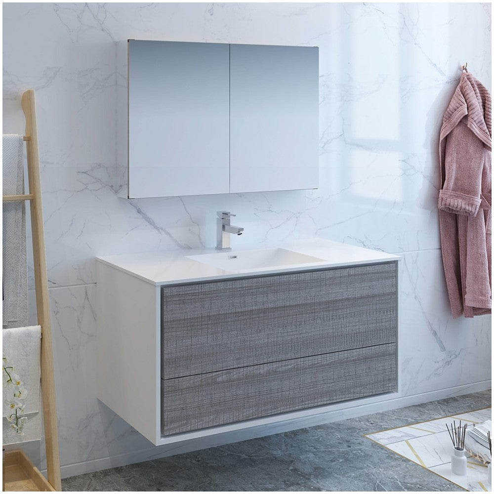 Catania 48" Glossy Ash Gray Wall Hung Modern Bathroom Vanity w/ Medicine Cabinet