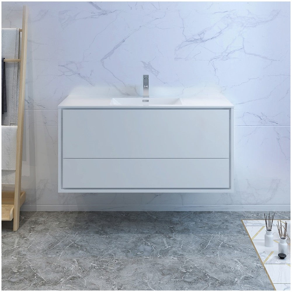 Catania 48" Glossy White Wall Hung Modern Bathroom Cabinet w/ Integrated Sink
