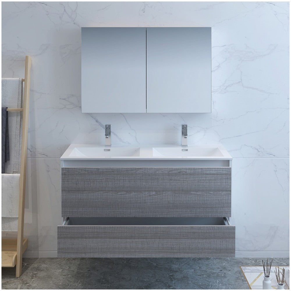 Catania 48 Gray Wall Hung Double Sink Modern Bathroom Vanity w/ Medicine Cabinet