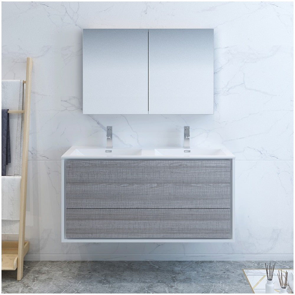 Catania 48 Gray Wall Hung Double Sink Modern Bathroom Vanity w/ Medicine Cabinet