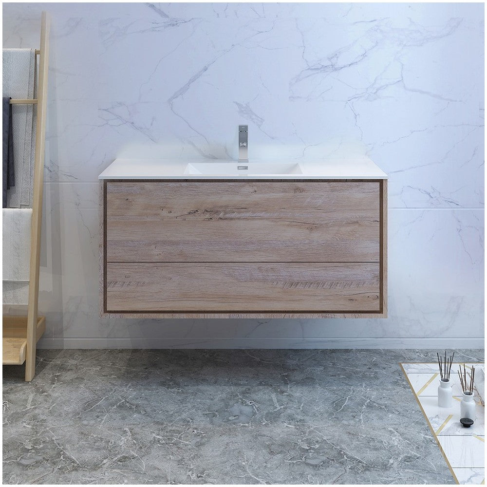 Catania 48 Natural Wood Wall Hung Modern Bathroom Cabinet w/ Integrated Sink