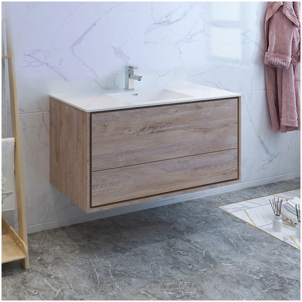 Catania 48 Natural Wood Wall Hung Modern Bathroom Cabinet w/ Integrated Sink