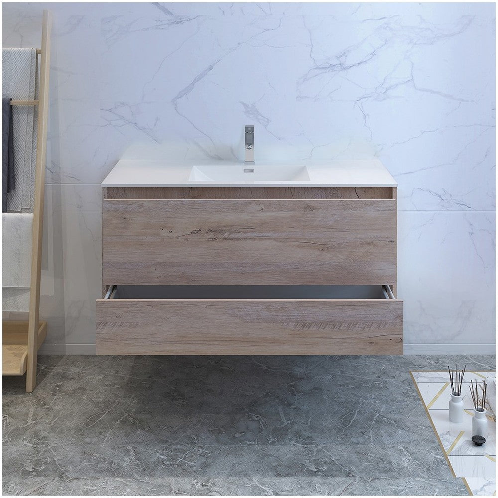 Catania 48 Natural Wood Wall Hung Modern Bathroom Cabinet w/ Integrated Sink