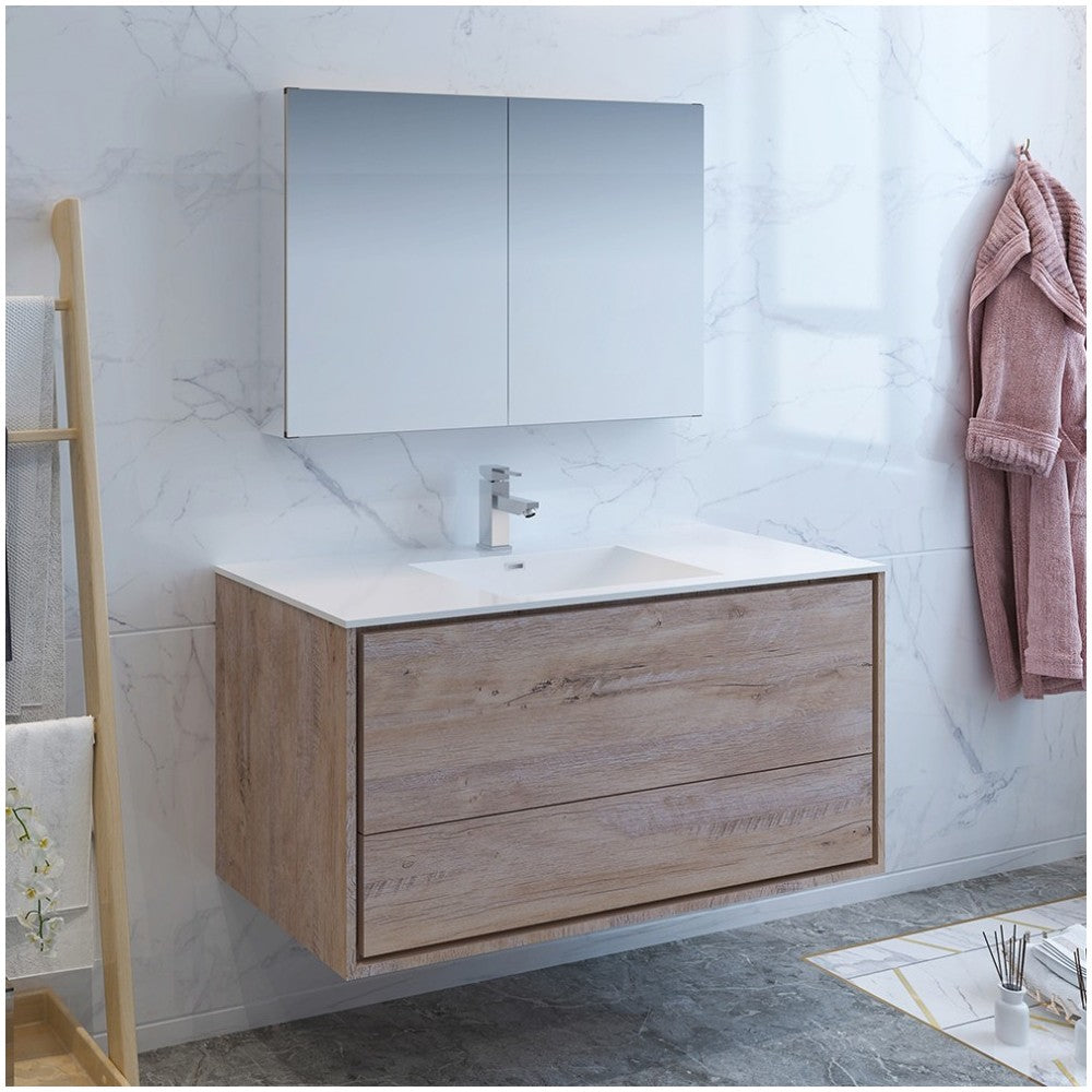 Catania 48 Natural Wood Wall Hung Modern Bathroom Vanity w/ Medicine Cabinet