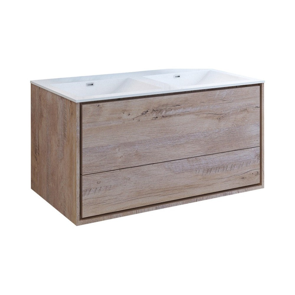 Catania 48 Natural Wood Wall Modern Bathroom Cabinet w/ Integrated Double Sink