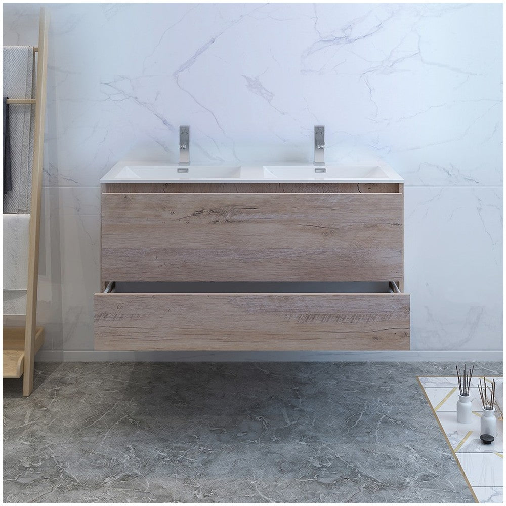 Catania 48 Natural Wood Wall Modern Bathroom Cabinet w/ Integrated Double Sink