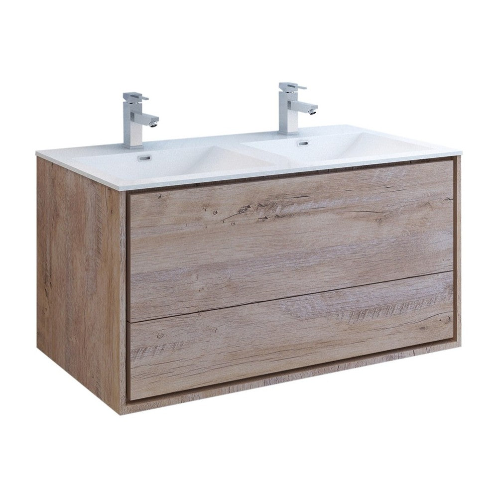 Catania 48 Natural Wood Wall Modern Bathroom Cabinet w/ Integrated Double Sink