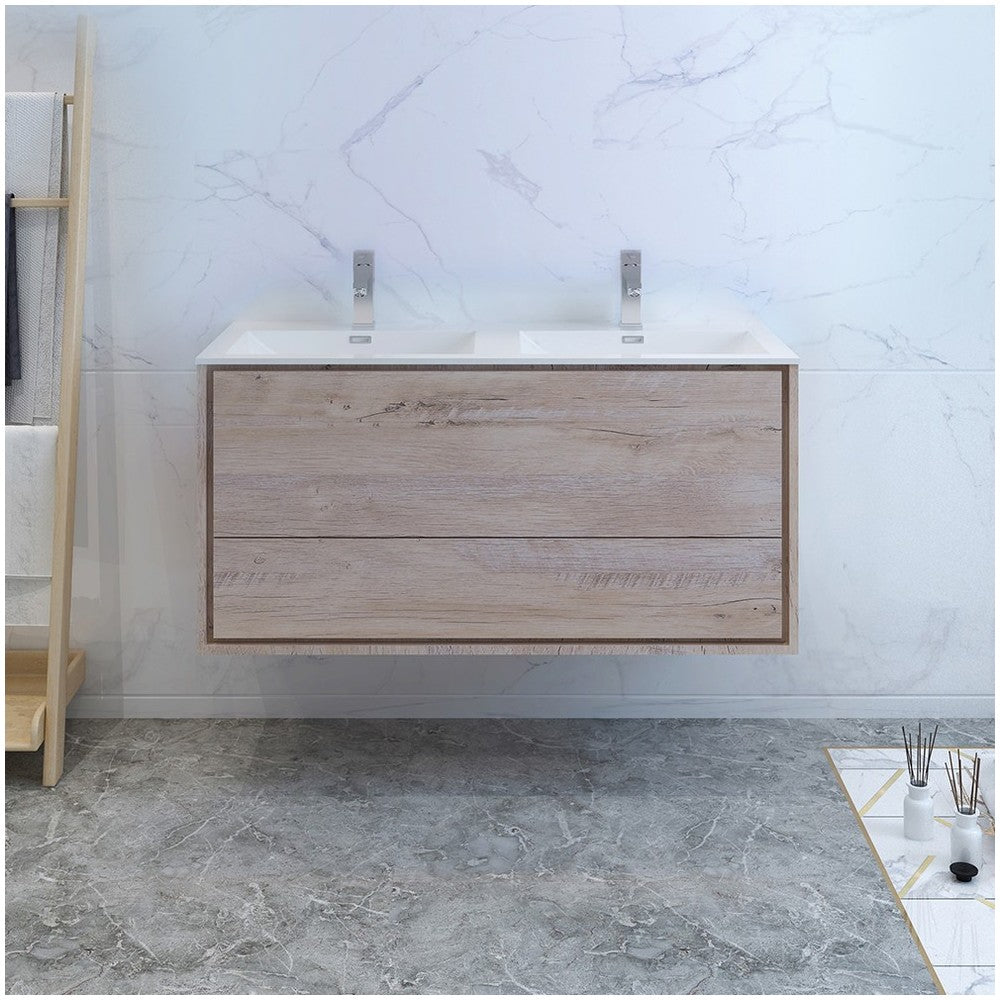 Catania 48 Natural Wood Wall Modern Bathroom Cabinet w/ Integrated Double Sink