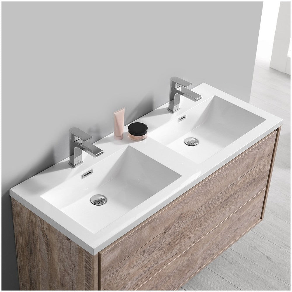 Catania 48 Natural Wood Wall Modern Bathroom Cabinet w/ Integrated Double Sink