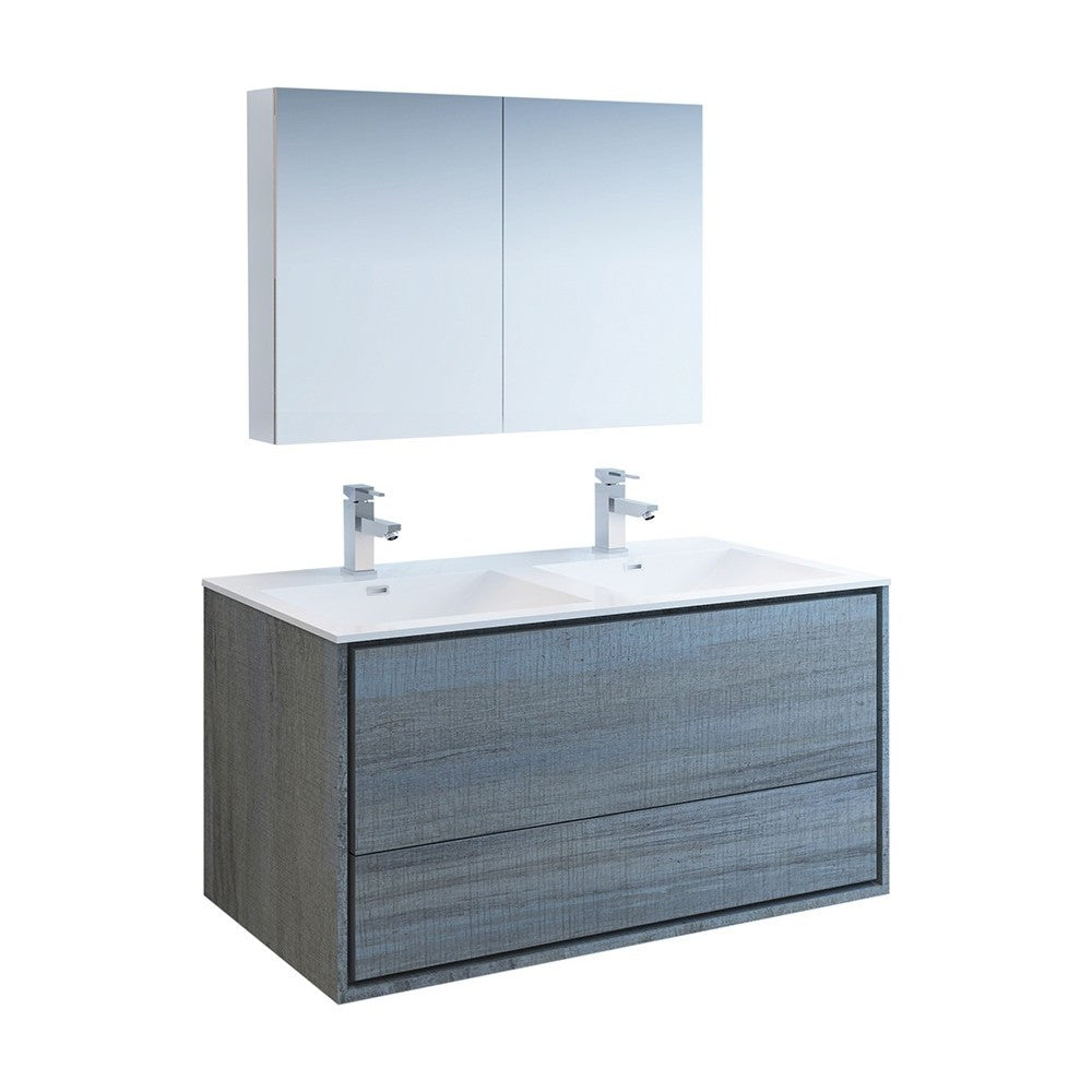 Catania 48 Ocean Gray Wall Hung Double Sink Bathroom Vanity w/ Medicine Cabinet