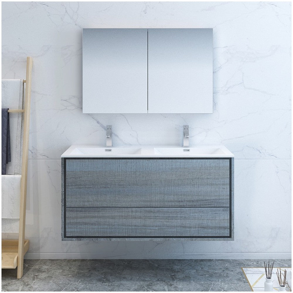 Catania 48 Ocean Gray Wall Hung Double Sink Bathroom Vanity w/ Medicine Cabinet