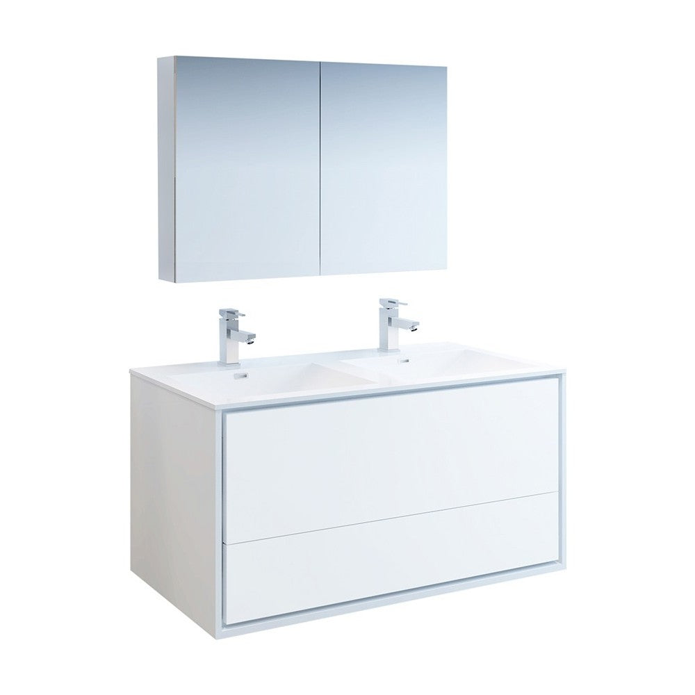 Catania 48 White Wall Hung Double Sink Bathroom Vanity w/ Medicine Cabinet