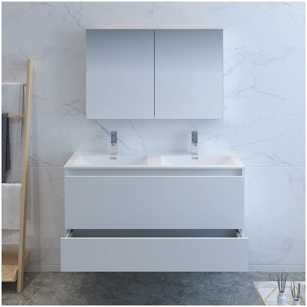 Catania 48 White Wall Hung Double Sink Bathroom Vanity w/ Medicine Cabinet