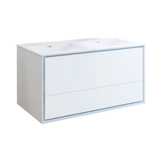 Catania 48 White Wall Hung Modern Bathroom Cabinet w/ Integrated Double Sink
