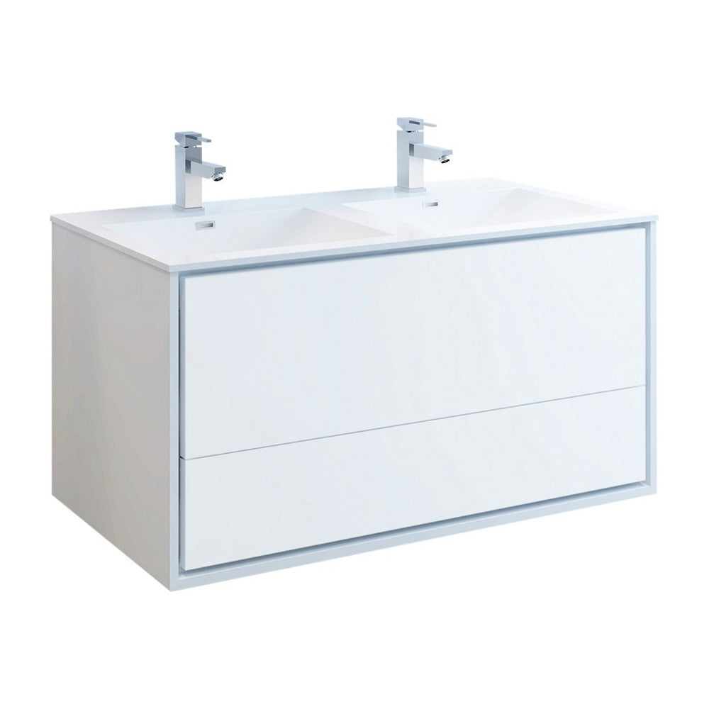Catania 48 White Wall Hung Modern Bathroom Cabinet w/ Integrated Double Sink