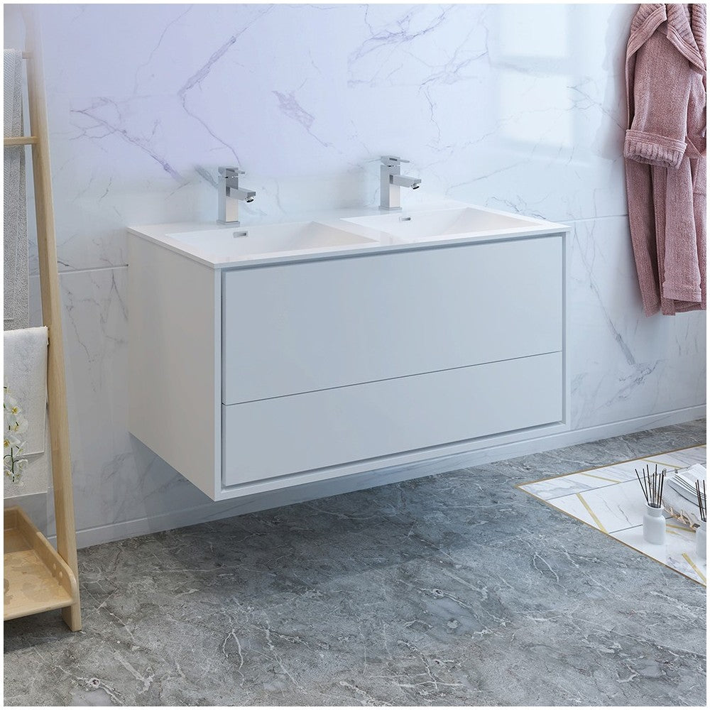 Catania 48 White Wall Hung Modern Bathroom Cabinet w/ Integrated Double Sink