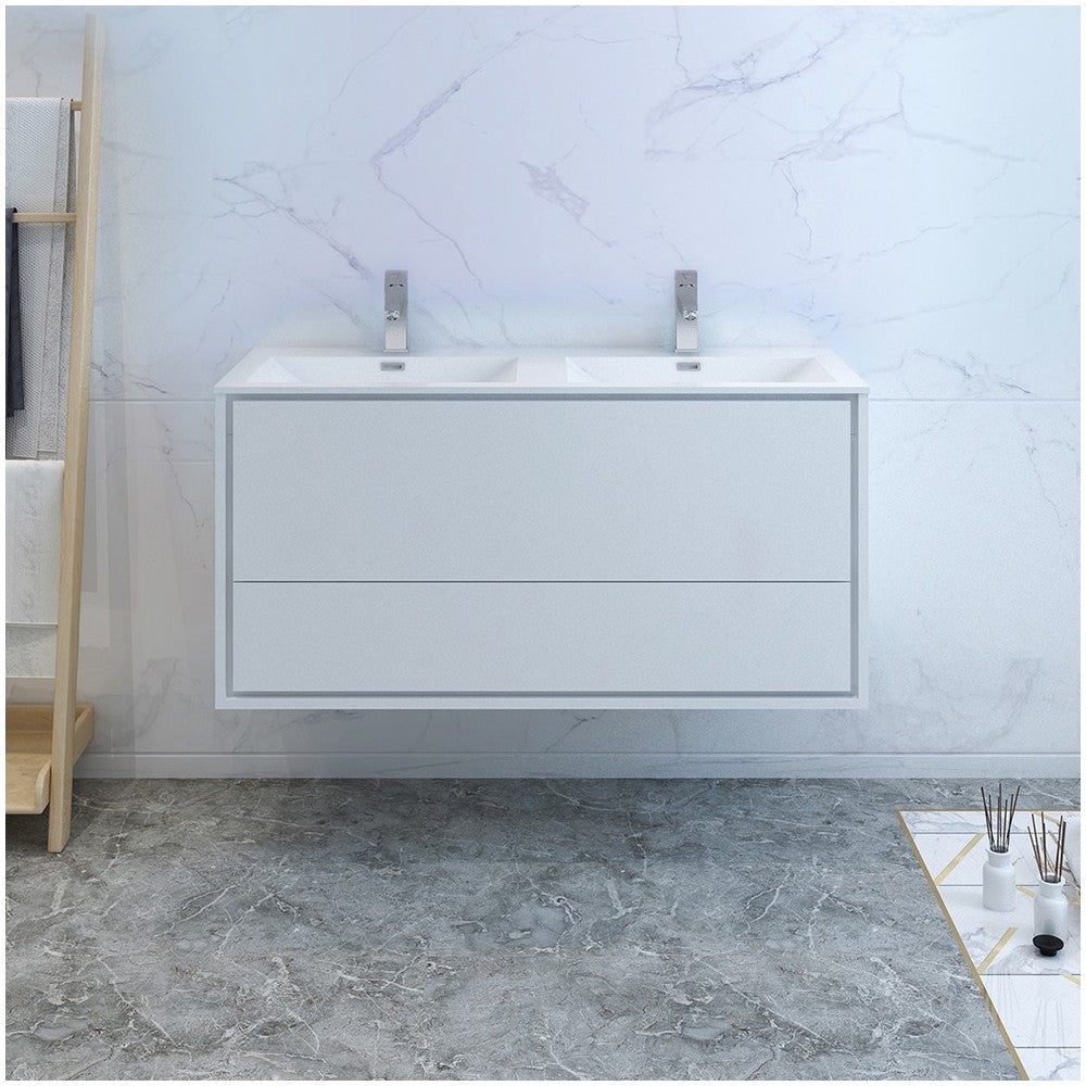 Catania 48 White Wall Hung Modern Bathroom Cabinet w/ Integrated Double Sink