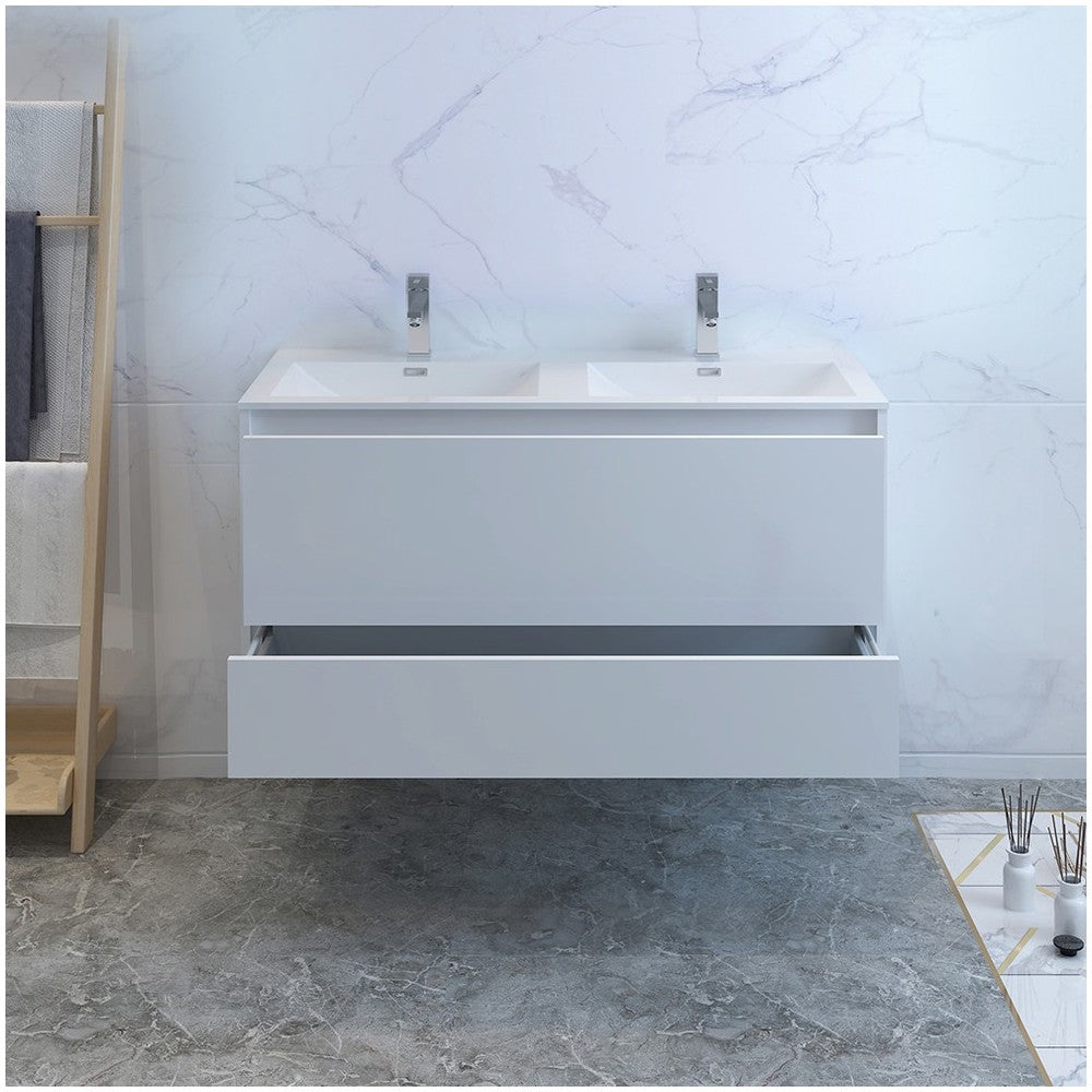 Catania 48 White Wall Hung Modern Bathroom Cabinet w/ Integrated Double Sink