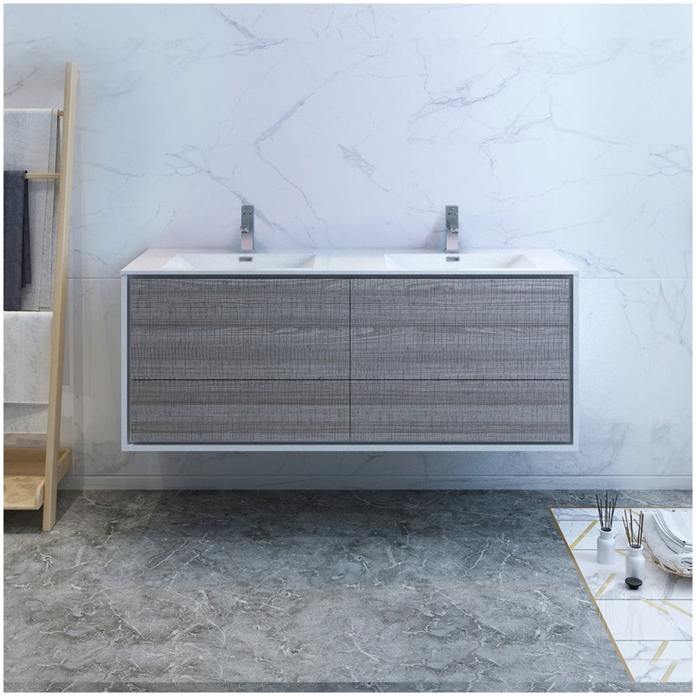 Catania 60 Ash Gray Wall Hung Modern Bathroom Cabinet w/ Integrated Double Sink