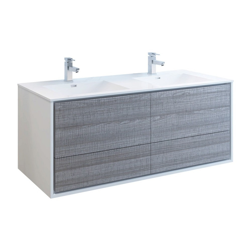 Catania 60 Ash Gray Wall Hung Modern Bathroom Cabinet w/ Integrated Double Sink