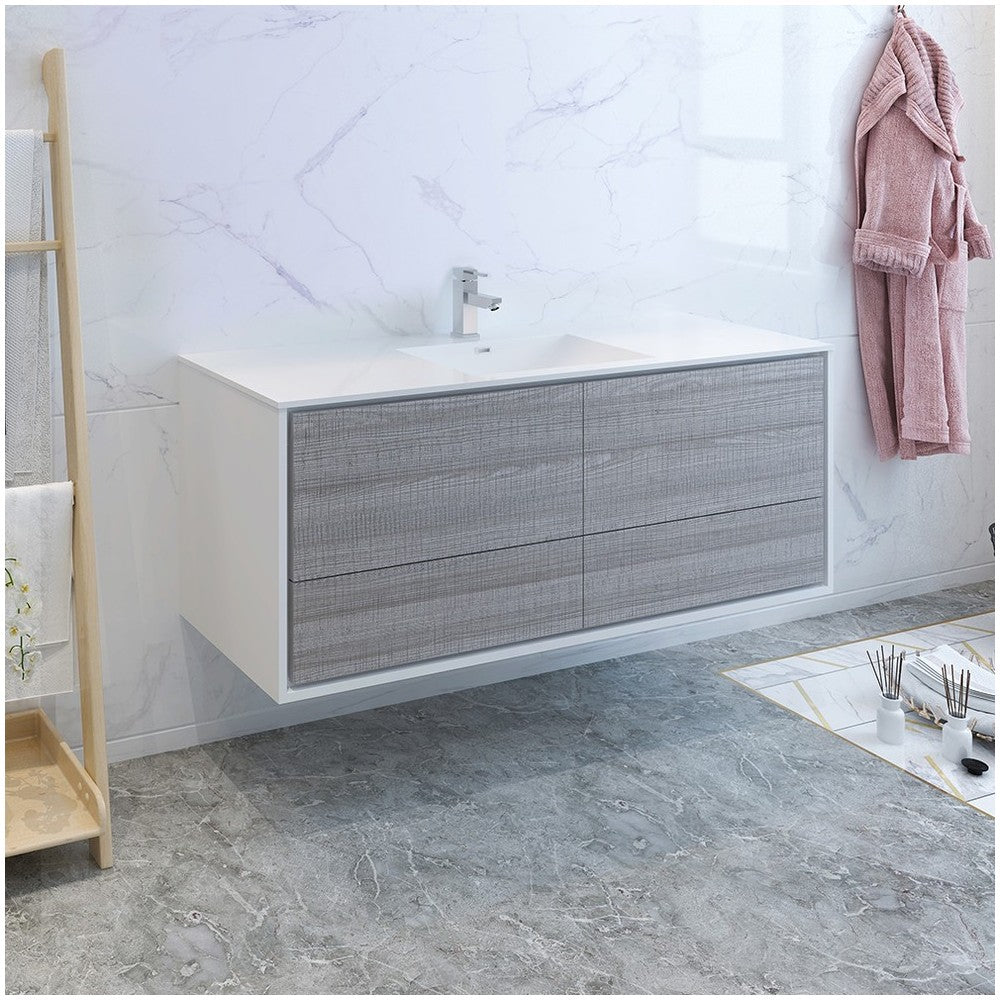 Catania 60 Ash Gray Wall Hung Modern Bathroom Cabinet w/ Integrated Single Sink