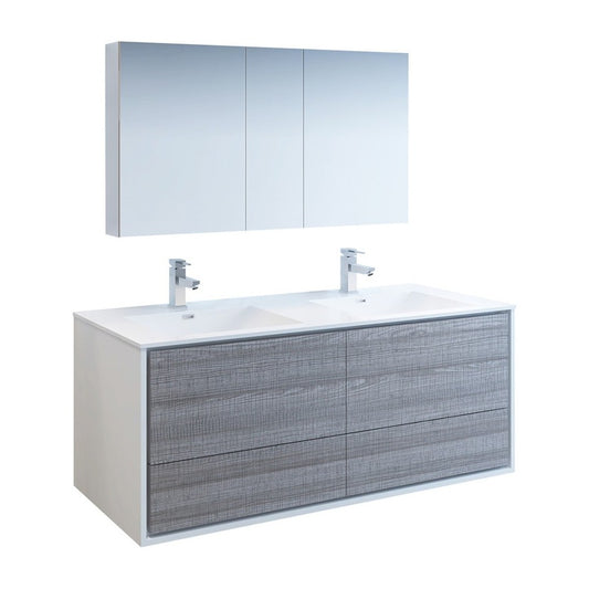 Catania 60 Gray Wall Hung Double Sink Modern Bathroom Vanity w/ Medicine Cabinet