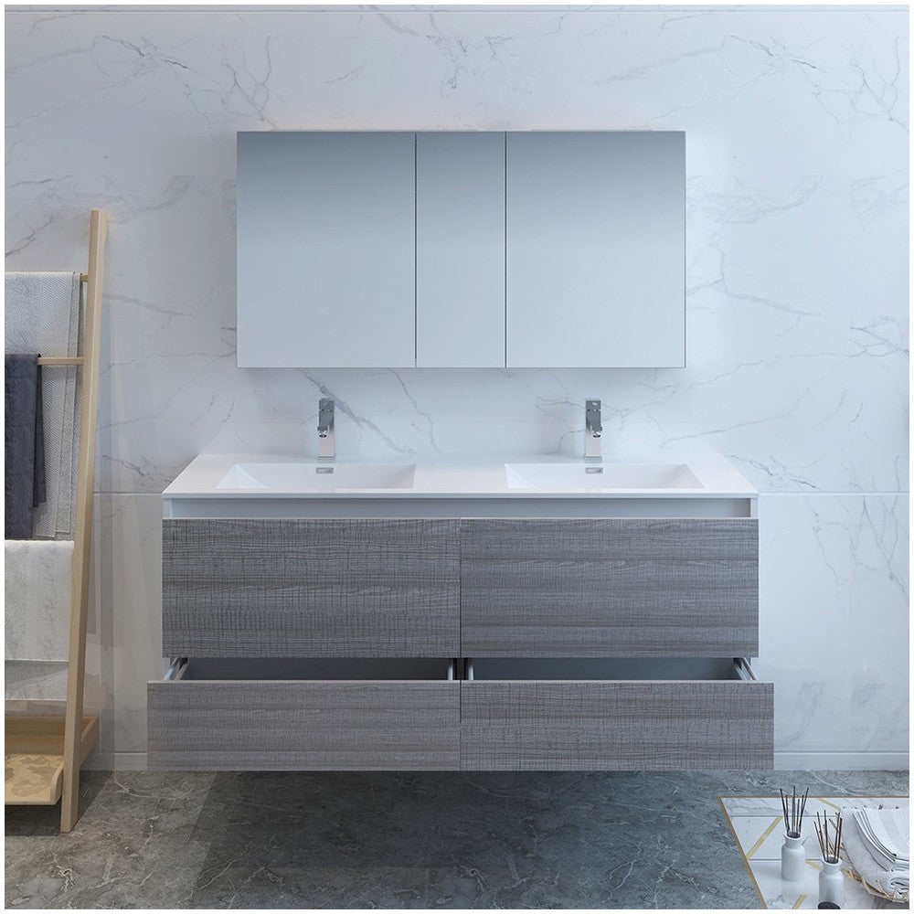 Catania 60 Gray Wall Hung Double Sink Modern Bathroom Vanity w/ Medicine Cabinet