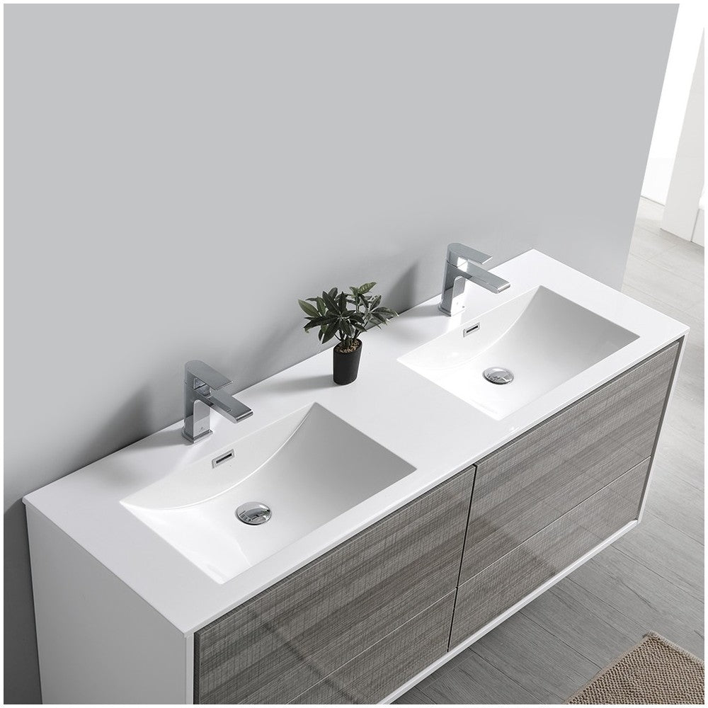 Catania 60 Gray Wall Hung Double Sink Modern Bathroom Vanity w/ Medicine Cabinet