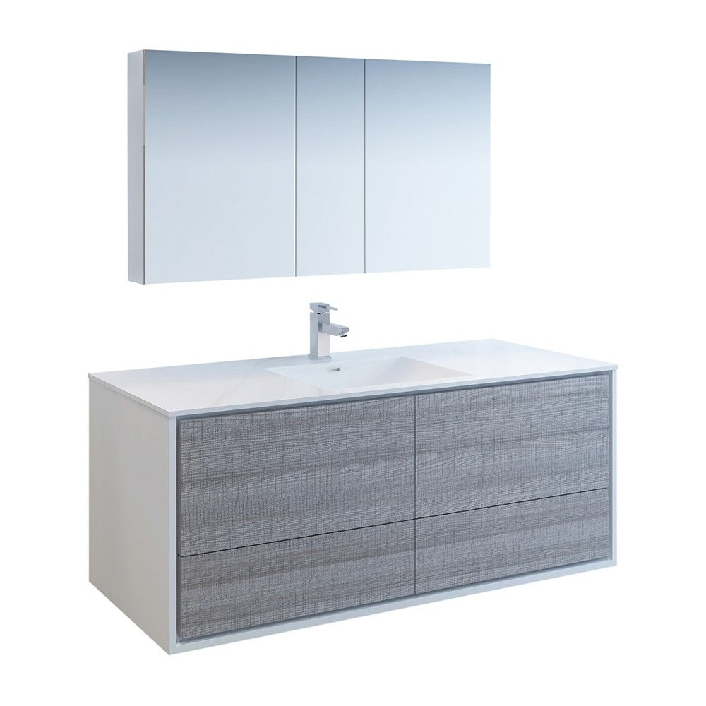 Catania 60 Gray Wall Hung Single Sink Modern Bathroom Vanity w/ Medicine Cabinet