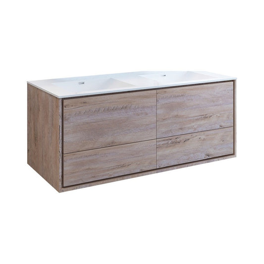 Catania 60 Natural Wood Wall Hung Bathroom Cabinet w/ Integrated Double Sink