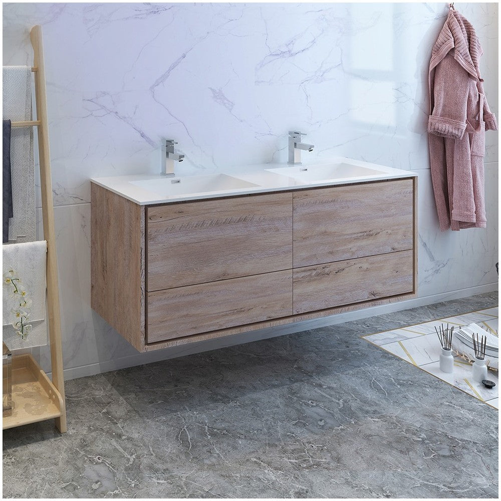 Catania 60 Natural Wood Wall Hung Bathroom Cabinet w/ Integrated Double Sink