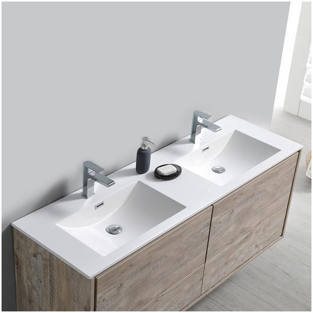 Catania 60 Natural Wood Wall Hung Bathroom Cabinet w/ Integrated Double Sink