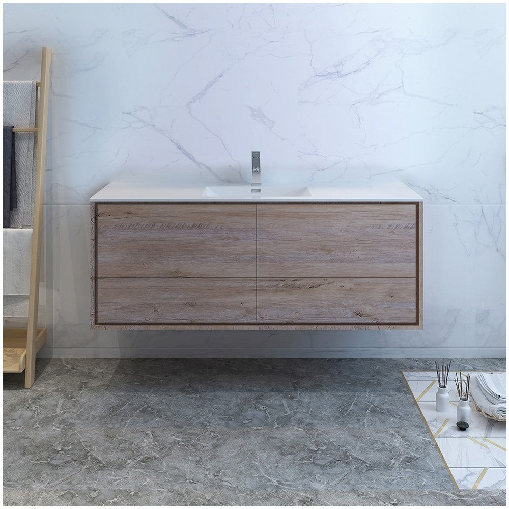 Catania 60 Natural Wood Wall Hung Bathroom Cabinet w/ Integrated Single Sink