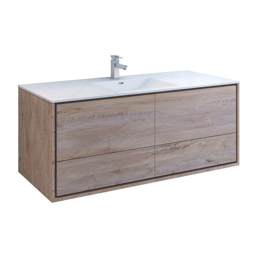 Catania 60 Natural Wood Wall Hung Bathroom Cabinet w/ Integrated Single Sink