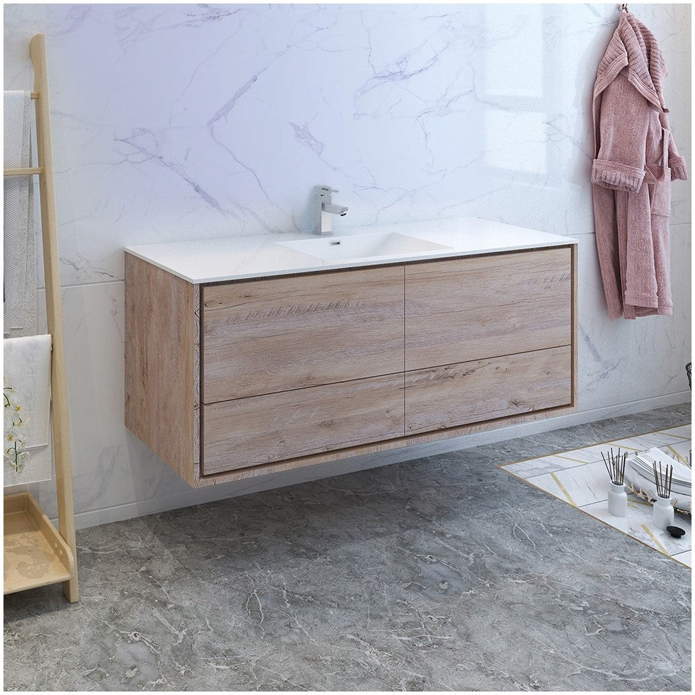 Catania 60 Natural Wood Wall Hung Bathroom Cabinet w/ Integrated Single Sink