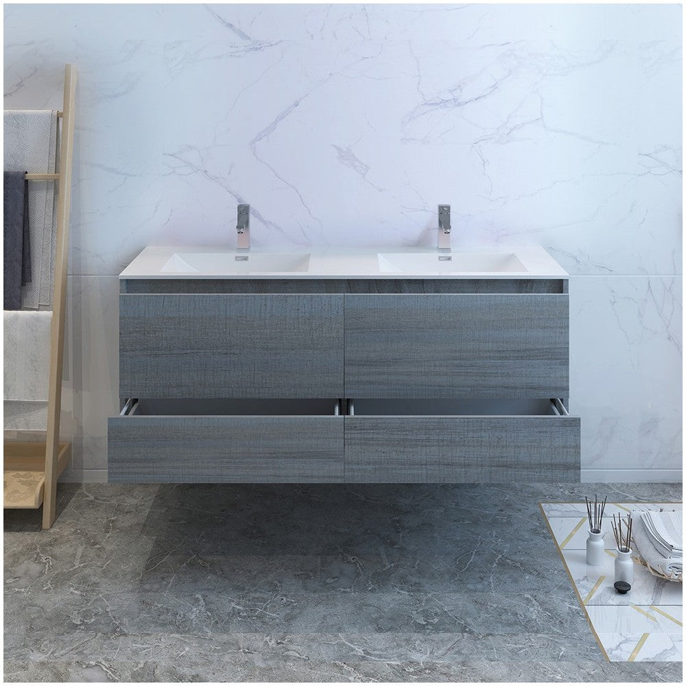Catania 60 Ocean Gray Wall Hung Bathroom Cabinet w/ Integrated Double Sink
