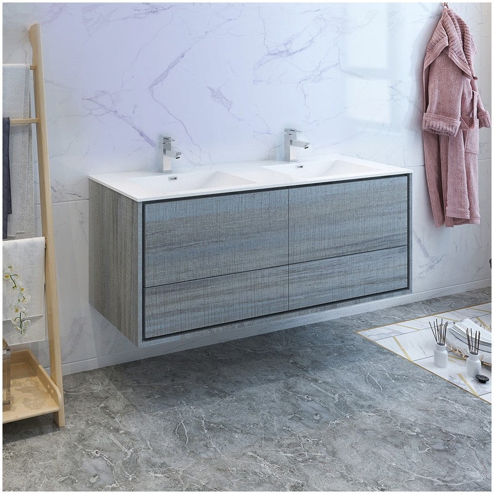 Catania 60 Ocean Gray Wall Hung Bathroom Cabinet w/ Integrated Double Sink
