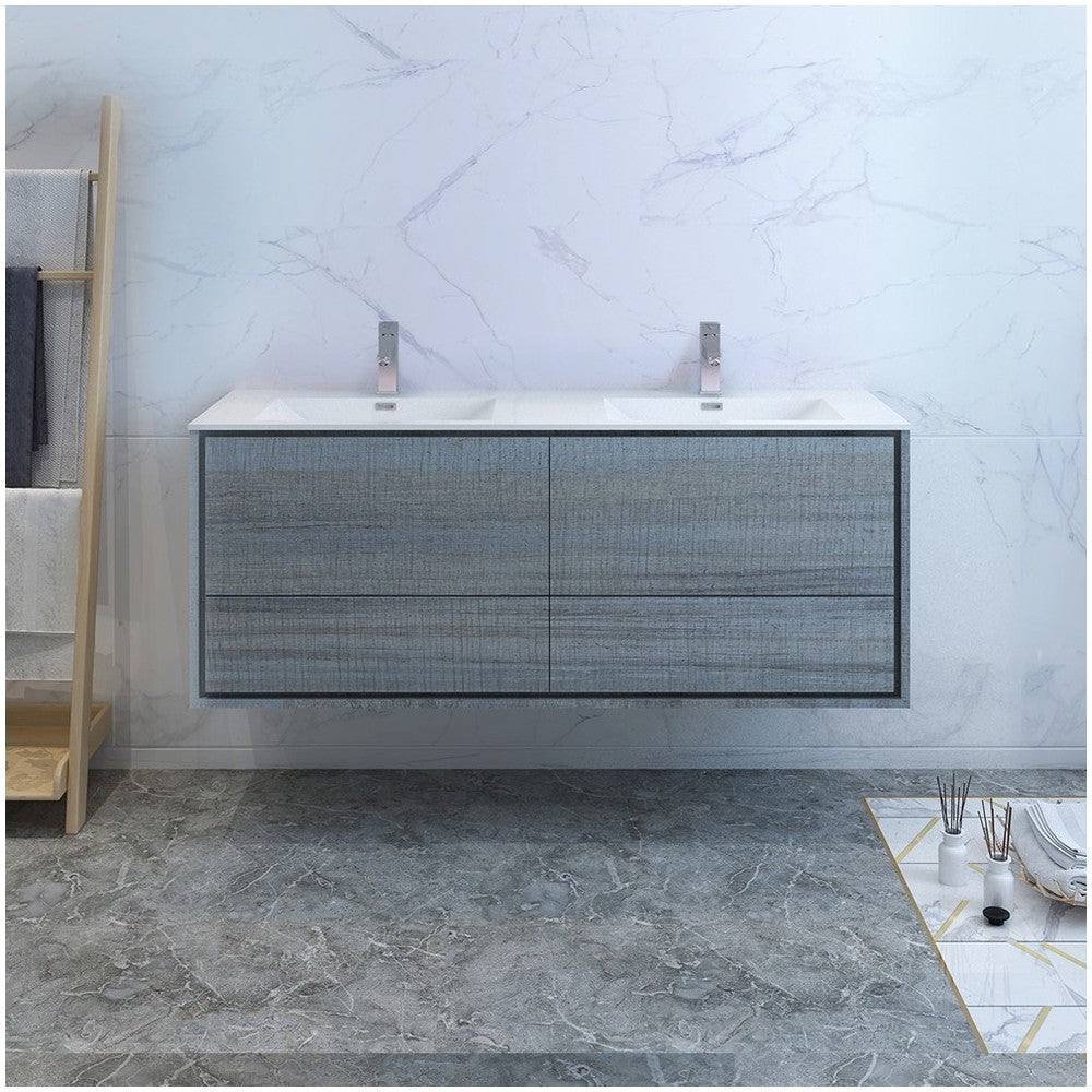 Catania 60 Ocean Gray Wall Hung Bathroom Cabinet w/ Integrated Double Sink