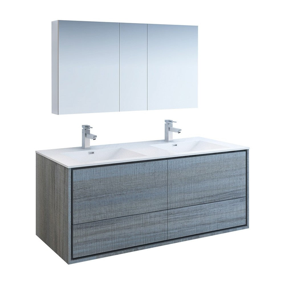 Catania 60 Ocean Gray Wall Hung Double Sink Bathroom Vanity w/ Medicine Cabinet