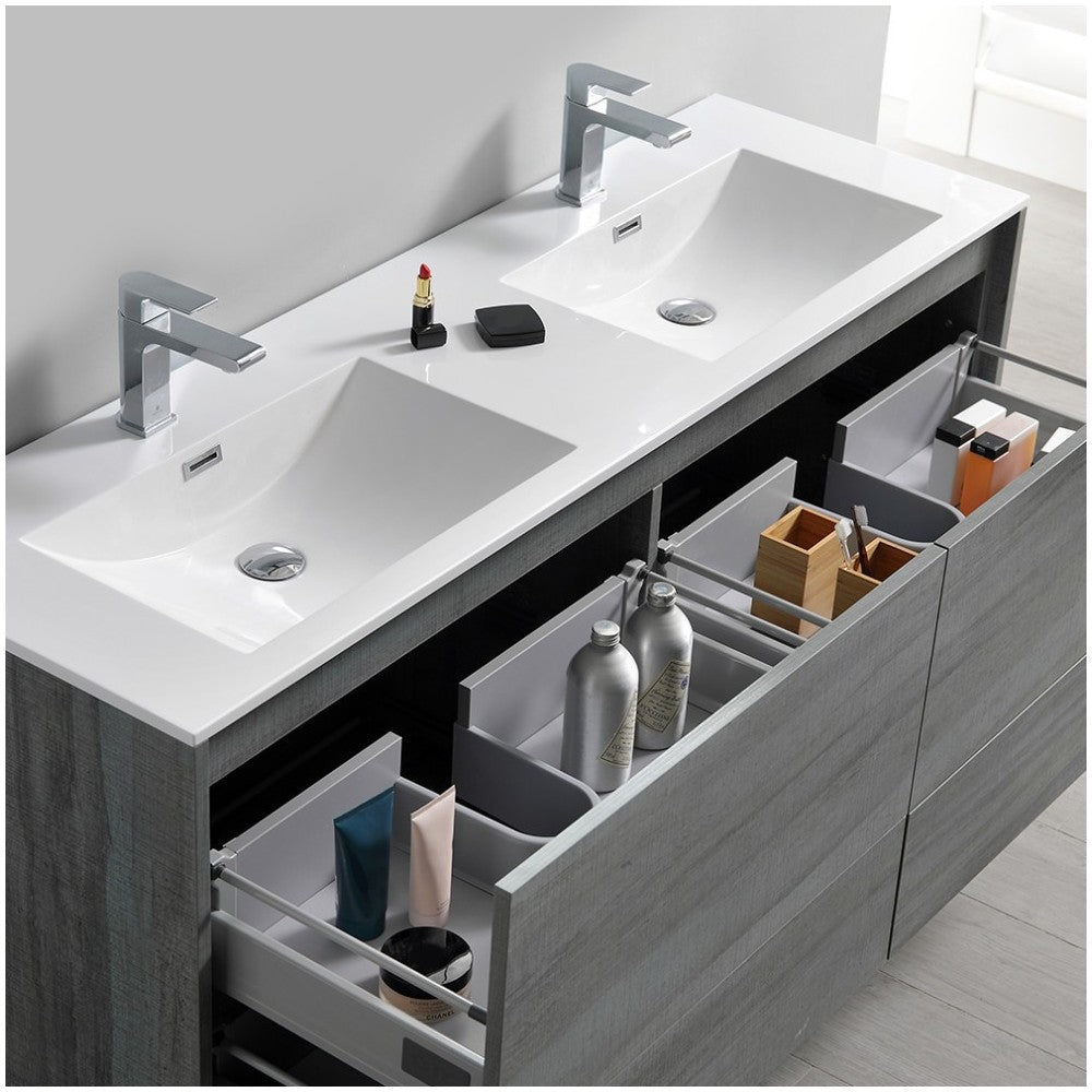 Catania 60 Ocean Gray Wall Hung Double Sink Bathroom Vanity w/ Medicine Cabinet